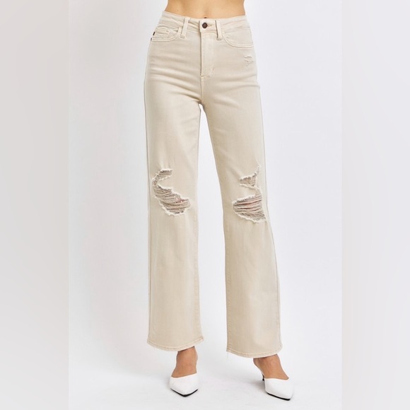 Judy Blue Denim - Judy Blue Cream High Waist Distressed Wide Leg Jeans Plus Size